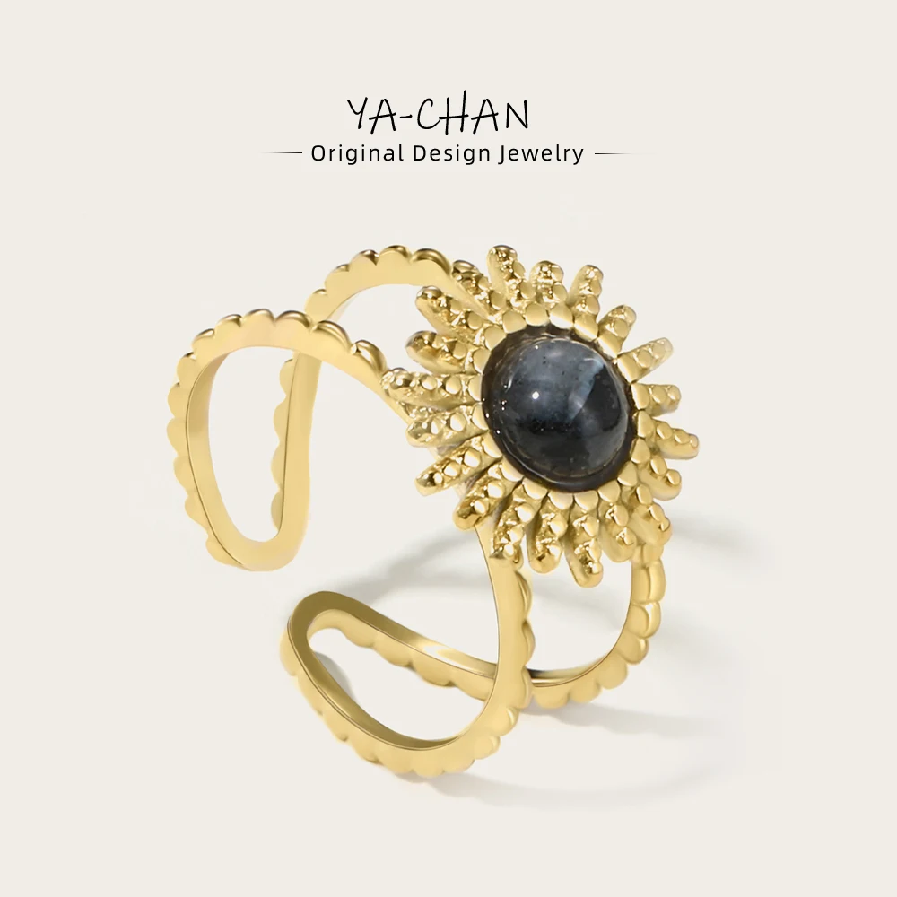 

YACHAN Bohemian Natural Stone Ring for Women Geometric Stainless Steel Vintage Charm Jewelry