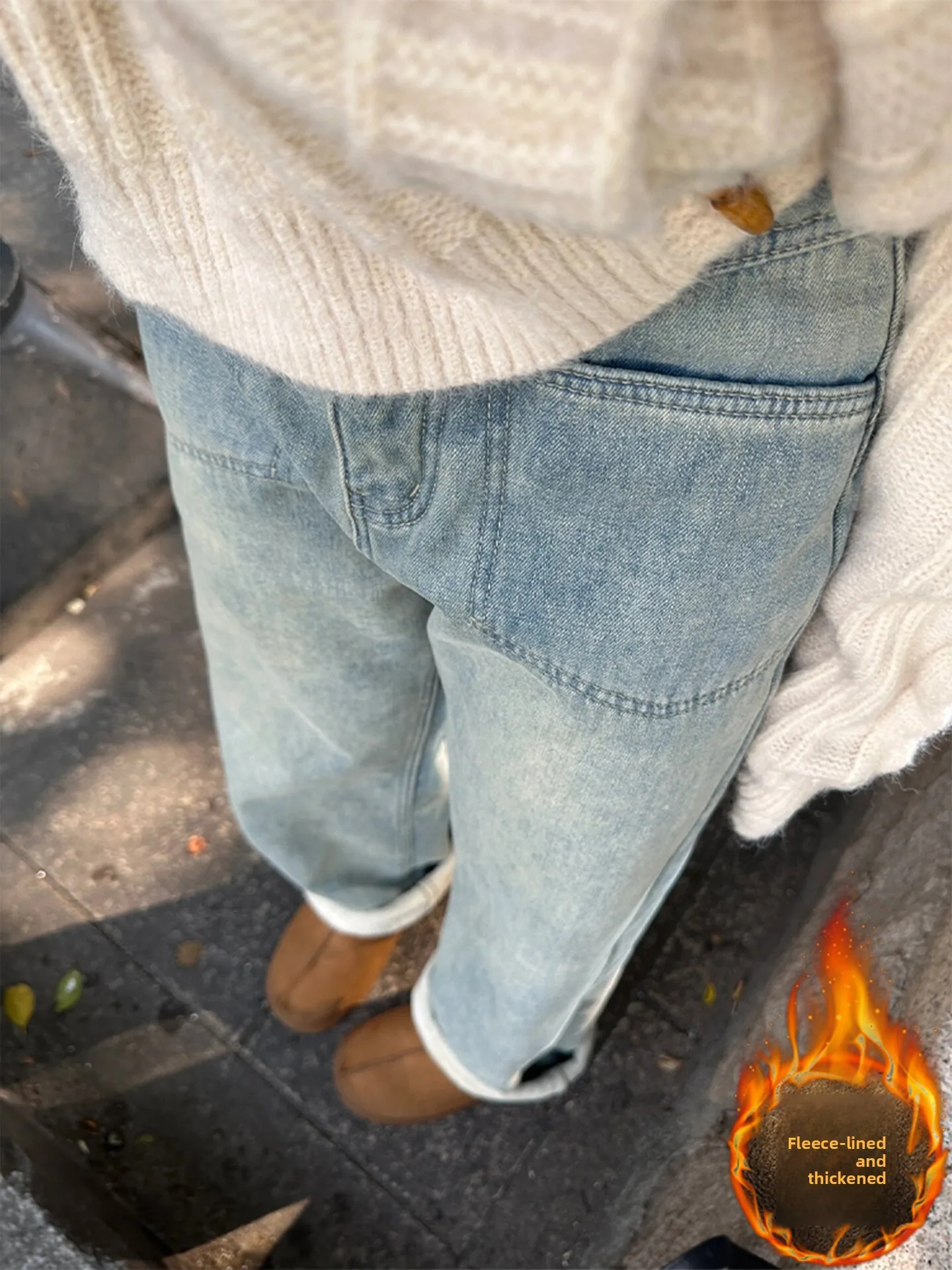 

plus Size High Waist Thickened Blue Warm Straight Leg Jeans Women Loose Drapey Non Fitting Fleece Lined Long Pants