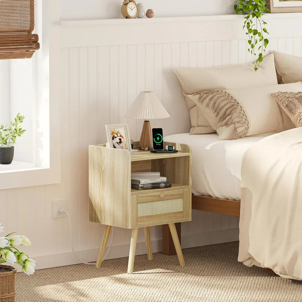 Night Stands with Charging Station & PE Rattan Decor Drawer, Bed Side Tables with Solid Wood Feet, End Table