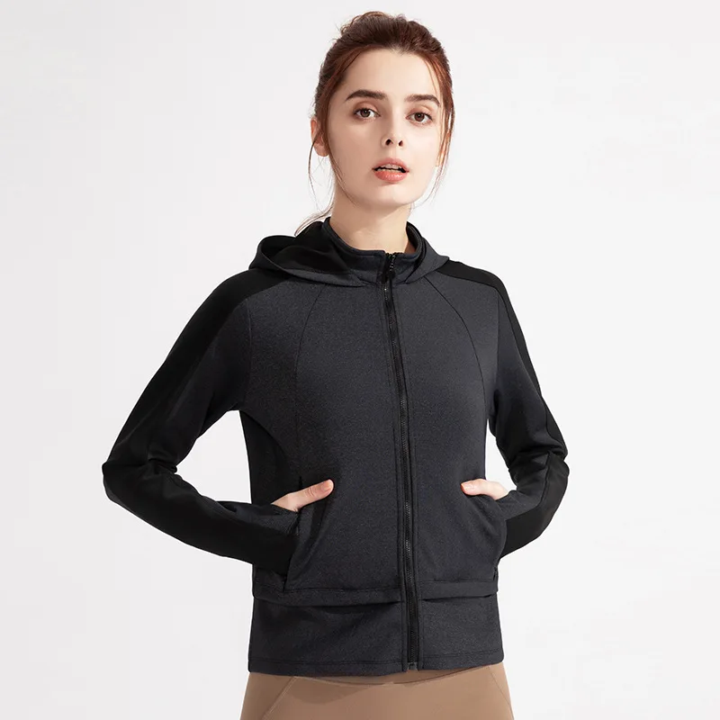 Women Sport Jackets Zipper Yoga Coat Gym Workout Hoodies Oversized Running Sweatshirt Long Sleeve Thumb Hole Fitness Hooded Tops