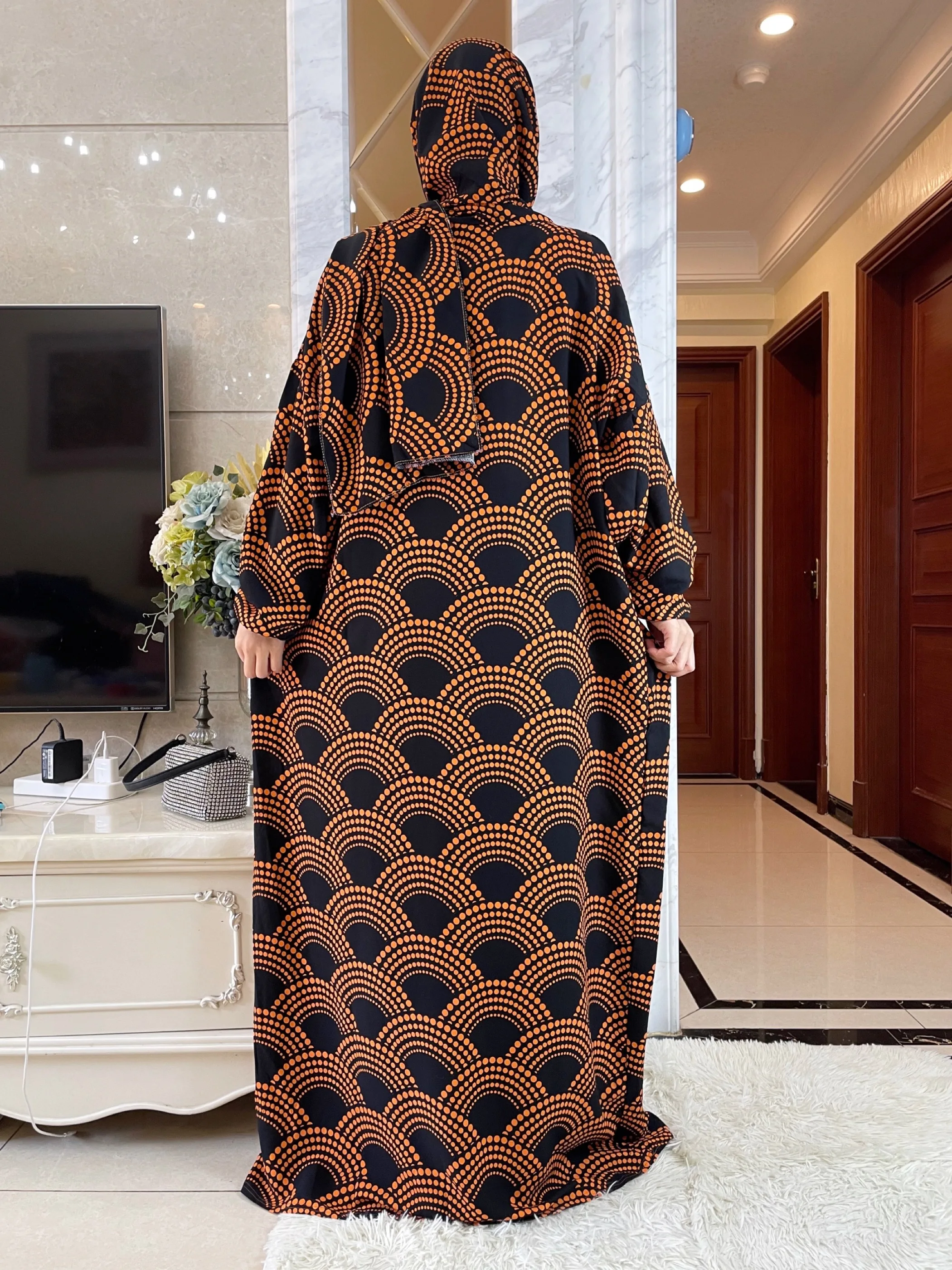 2024Muslim  Cotton Abayas For Women Ramadan Prayer Dubai Turkey Middle East Femme Robe Floral Loose African Dress Turban Joint