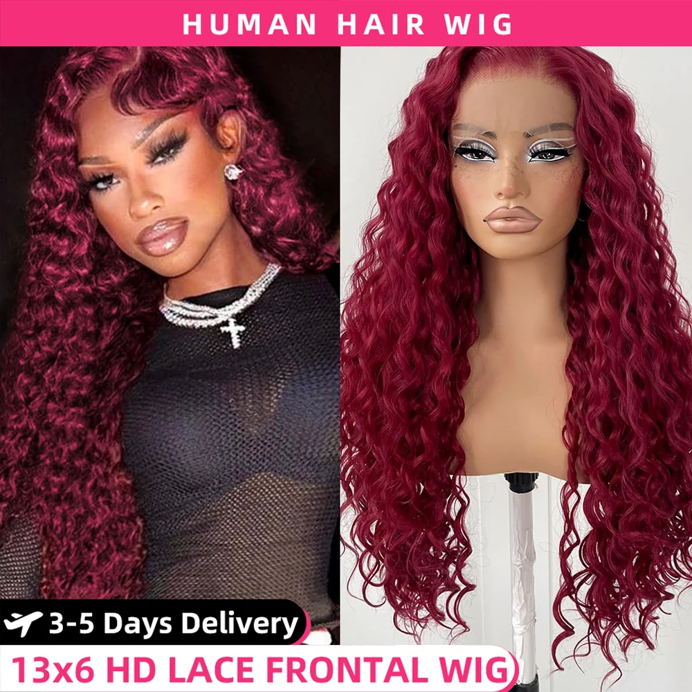 Burgundy Deep Wave 13x4 Human Hair Lace Frontal Wigs 99j Colored Red Wig For Women Brazilian Water Wave 30 Inch Lace Front Wig