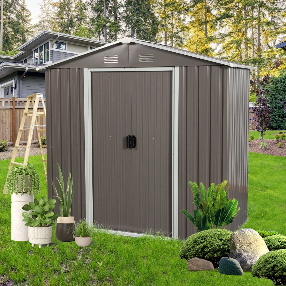 8ft X 4ft Outdoor Metal Storage Shed Outdoor Steel Storage Shed with Lockable Doors Perfect Garden Backyard Terrace Utilities