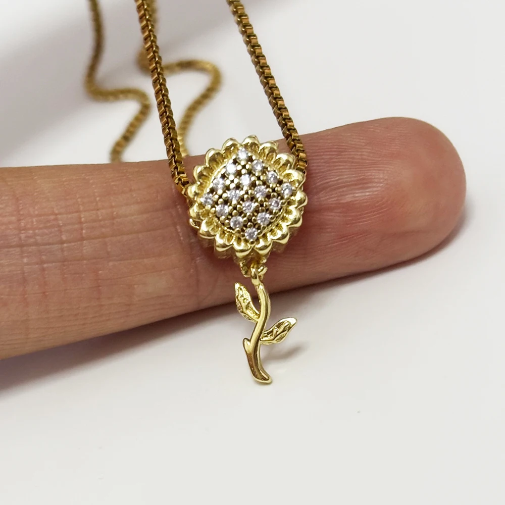 Cute Zircon Pave Sunflower Bead Charm Necklace Gold Color Copper Pendant Steel Box Chain Choker Clavicle Collars Accessories