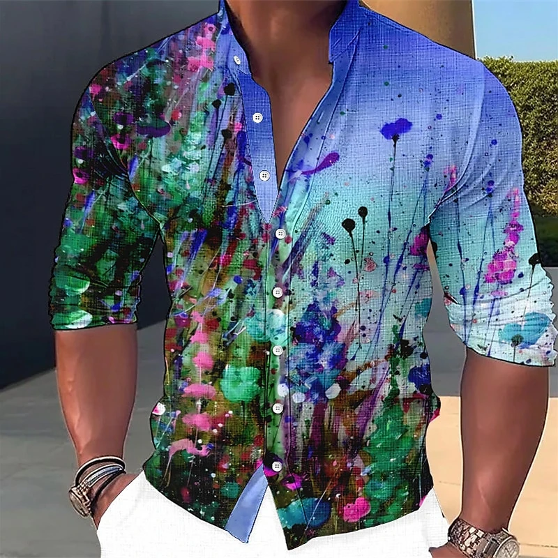 Camisa colorida com estampa floral masculina, estampada em flores 3D, manga longa, casual, solta, blusa respirável, moda, primavera, outono