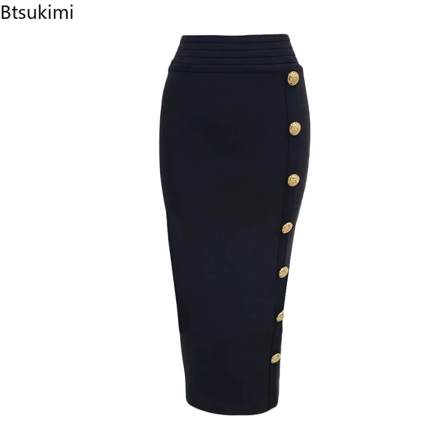 New 2026 Women's Elegant Midi Pencil Skirts Fashion High Waist Slim Fit Wrap Hip Skirt Single Breasted Design Women Party Skirts