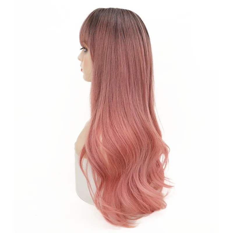 Pink Cosplay Wig Anime Cosplay Long Wavy Wigs Full Bangs Middle Part Hairpiece Lace Front Heat Resistant Fiber Synthetic Wig