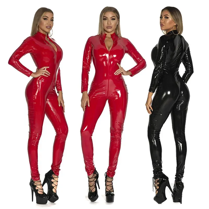 Latex Suit lady Bright PVC Bodysuit Open Crotch Zipper Wetlook Fumpsuit Night Club Party Bar Dance Leather Catsuit Lingerie