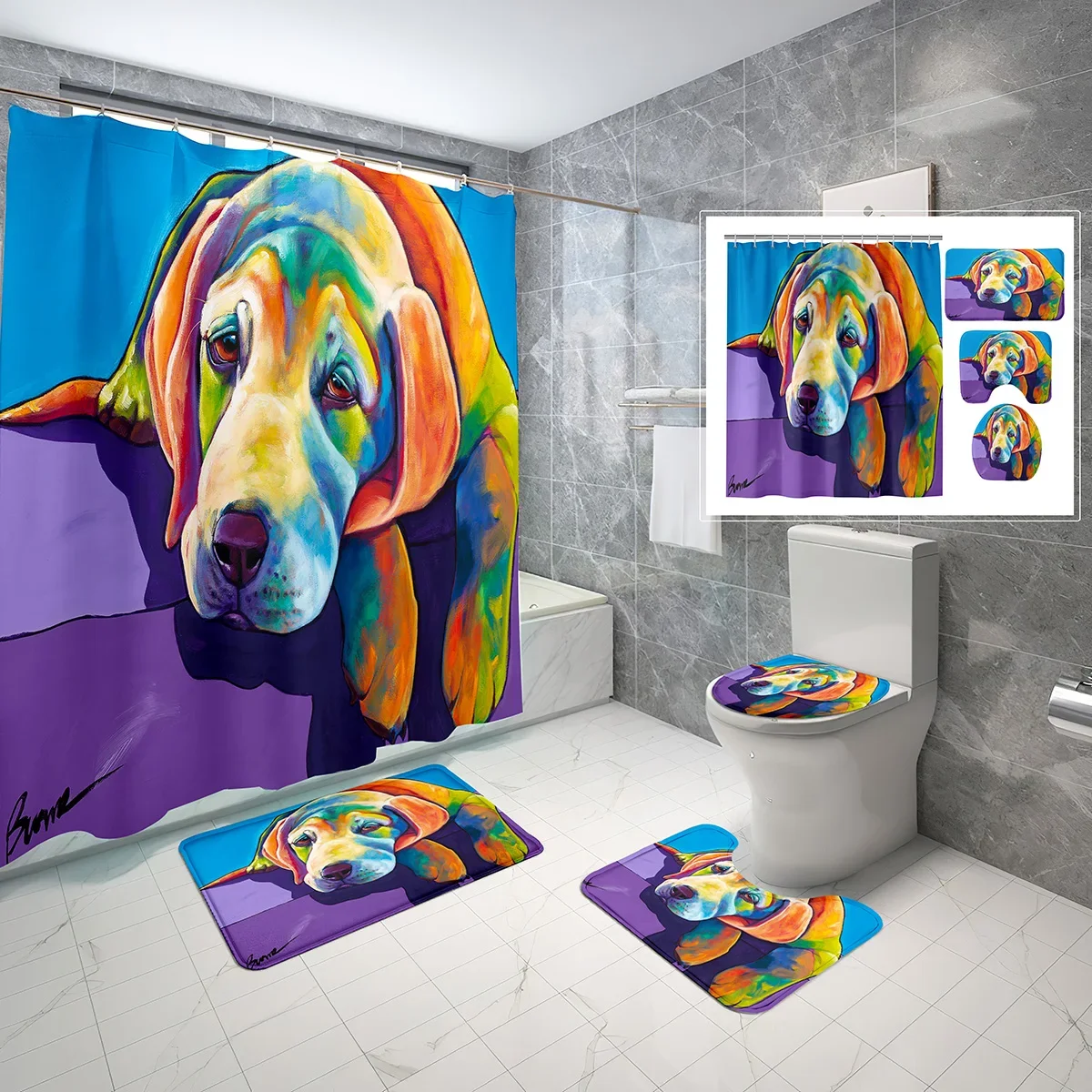 4 Pcs Oil Painting Dog Shower Curtain Sets Sunset Pet Lover Non-Slip Bath Mat Waterproof Shower Curtain Toilet Cover Sets