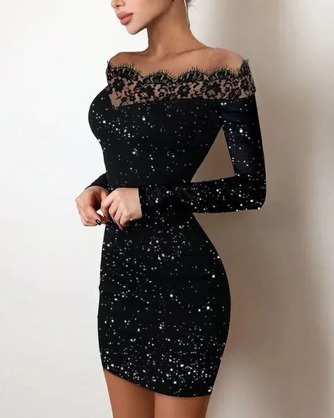 2024 New Spring Women\'s Fashion, Elegance, Leisure, Sexy Long sleeved Lace Edge, One Shoulder Silver Powder Sprinkled Dress