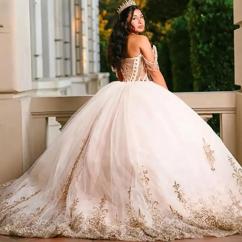 Customized Princess Off The Shoulder Beading Tassel Quinceanera Dresses Ball Gown Gold Appliques Lace Sweet 15 Años Mexican