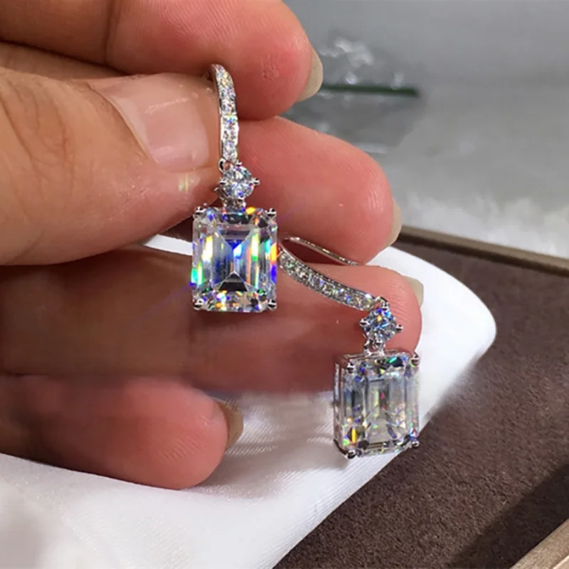 Elegant Cuboid Zircon Dangle Earrings - Sparkling Silver Plated Jewelry for Banquets and Special Occasions