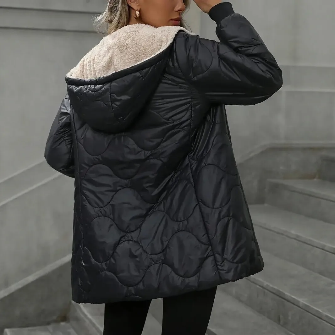 Women's Hooded. Shearling.124 Cotton Coat, Mid-length, Loose Fit, Thickened For Warmth, Autumn/winter New Style, Fashionable Cot