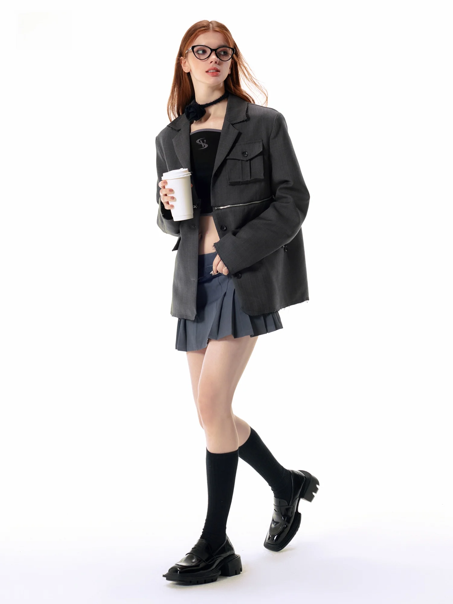 

Vone eeE Early Autumn Tee-Way Changeable Suit Design Detachable Plaid Women's Casual Commute Sle Long Sve