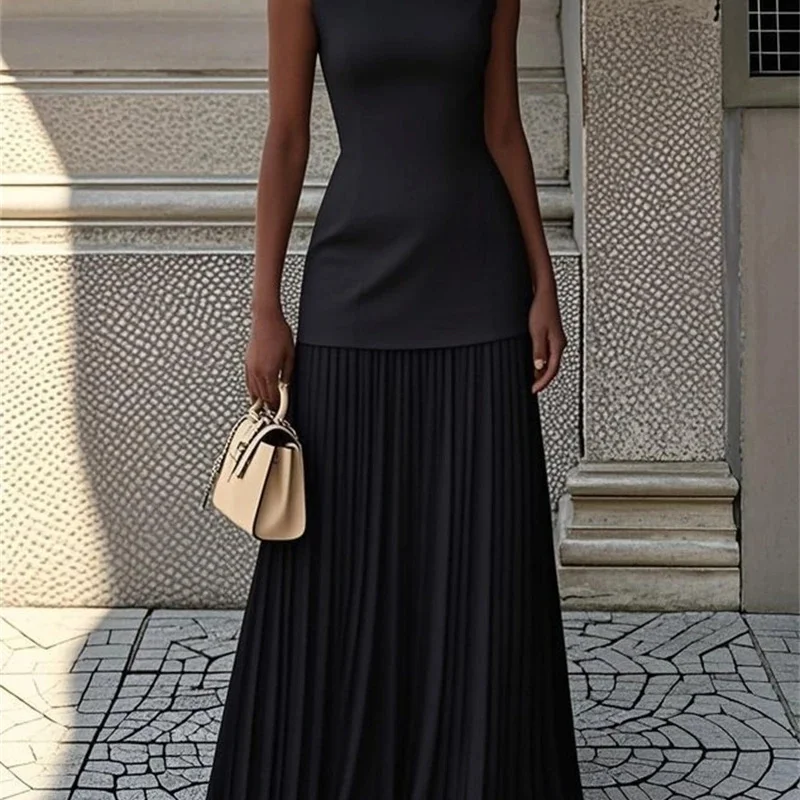 1 zestaw Tank Boho+Dzianinowa Długa Sukienka Szlafrok Dla Kobiet Elegancka Jednolita Sukienka Plisowana Seksowny Dekolt Hiszpanka Bez Rękawów Letnia Ażurowa Wyszczuplająca