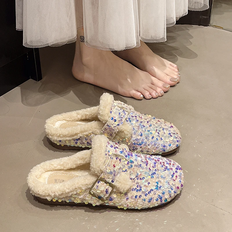 Winter New Plush Slippers Women's Round Toe Flat Shoes Gilrs European and American Fashion Sequins Fluffy Keep Warm Slippers