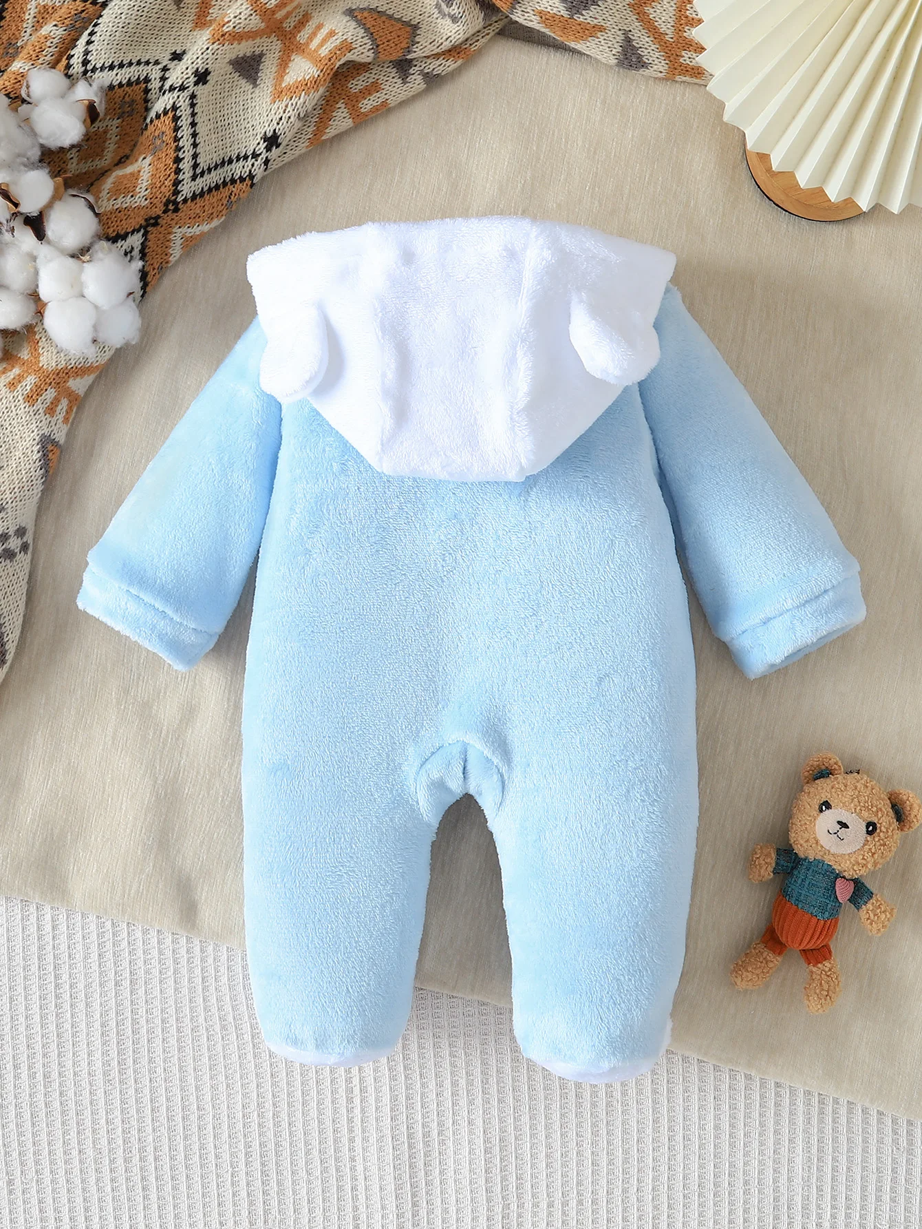 Black Friday 1Pc Baby Boys Winter Hooded Footed Romper, Cute Bear Embroidery Soft Coral Fleece Warm Onesie