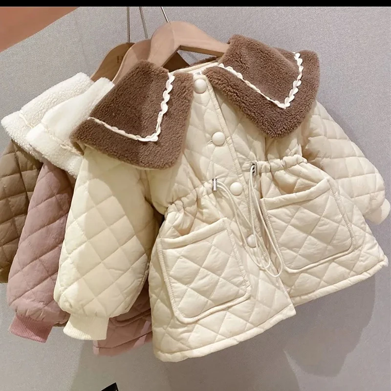 

2 3 4 5 6 7 8 Years Girls Winter Jacket Big Fur Collar Cotton Padded Velvet Thick Keep Warm Overcoats Birthday Gift Kids Clothes