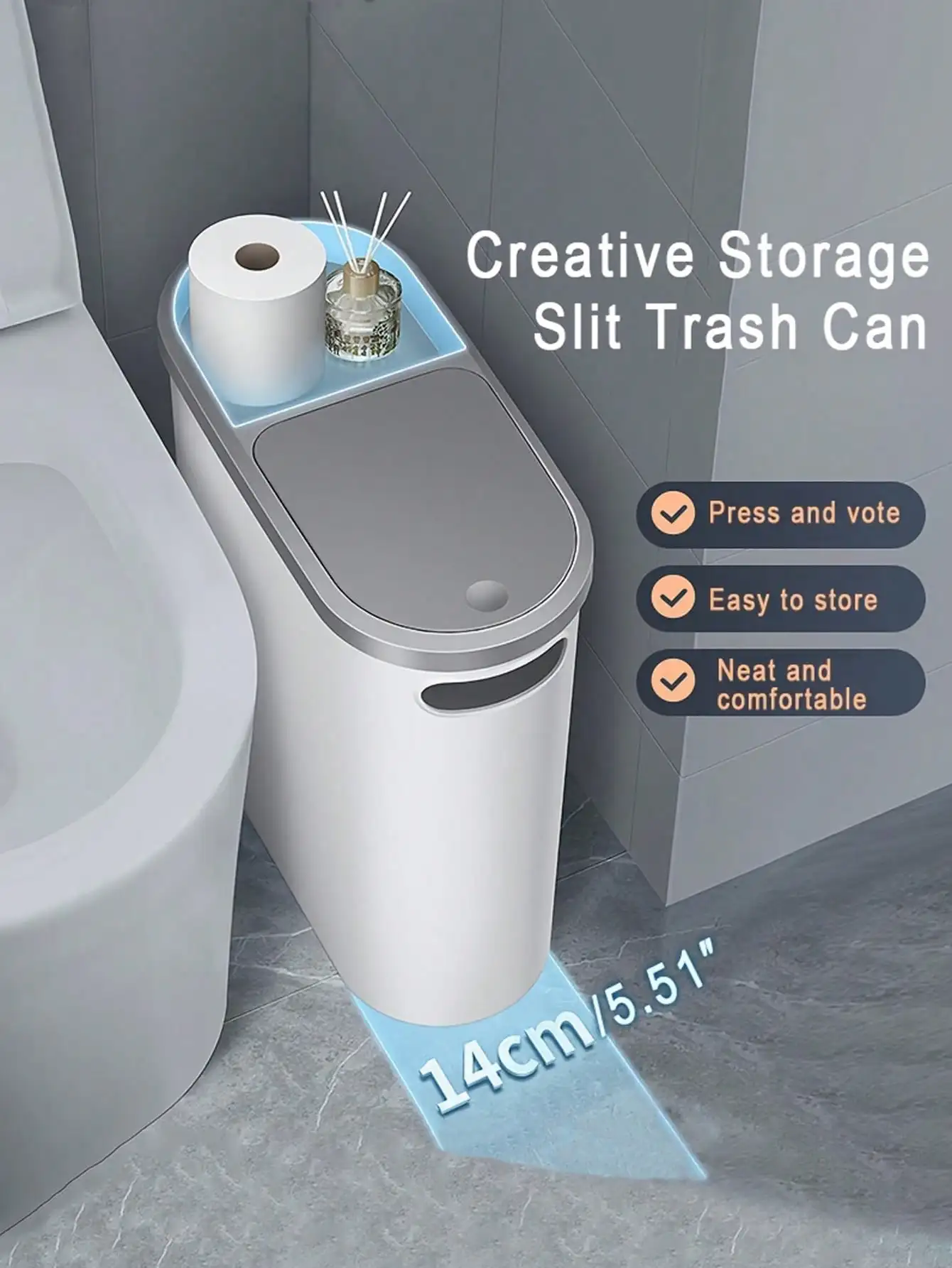 

Тонкий мусорный бак для ванной комнаты с крышкой, вместимость 10 л/2,64 галлона, креативный мусорный бак с узким пространством, корзина для мусора пресс-типа, прочный коврик