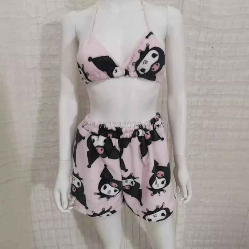 Conjunto de pijamas Sanrio Hello Kitty para mulheres, kawaii, anime de desenhos animados, flanela, 2 peças, roupa de praia, roupas de verão