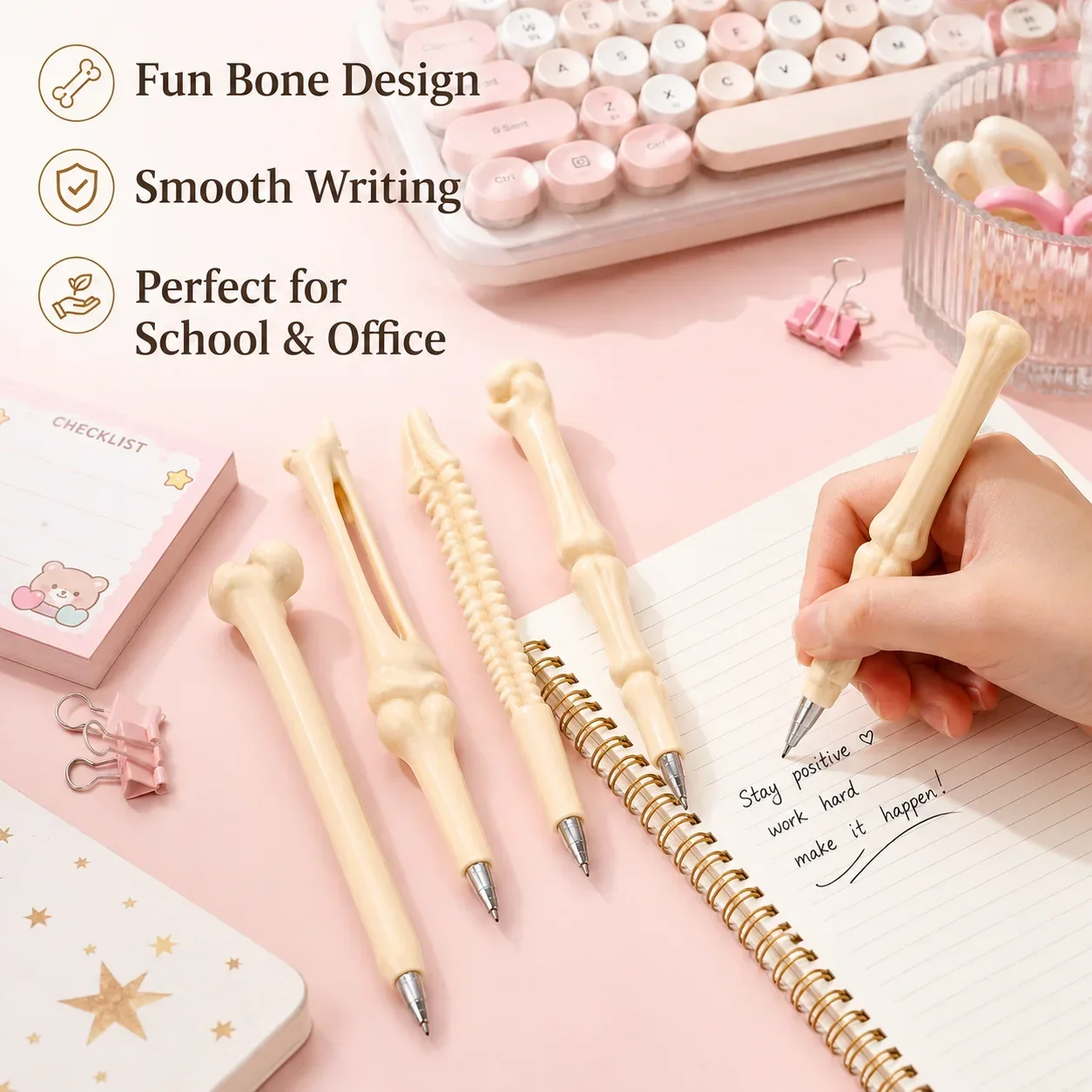 Bone Design Black Ballpoint Pen, Creative Unique Novelty Pen for Office School, Funny Stationery Gift for Kids Adults