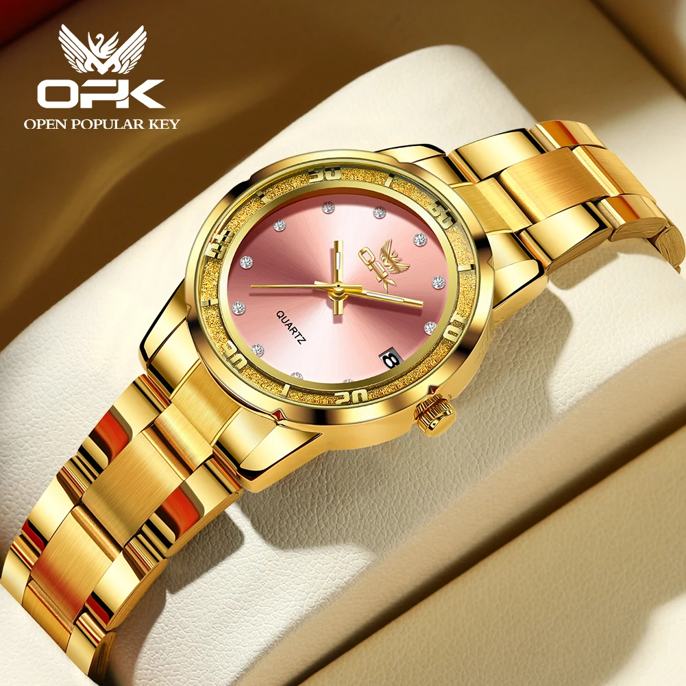 OPK Luxury Brands Elegant Women's Watches Waterproof Original Quartz Watch for Female Luminous Gold Stainless Steel Strap Watch