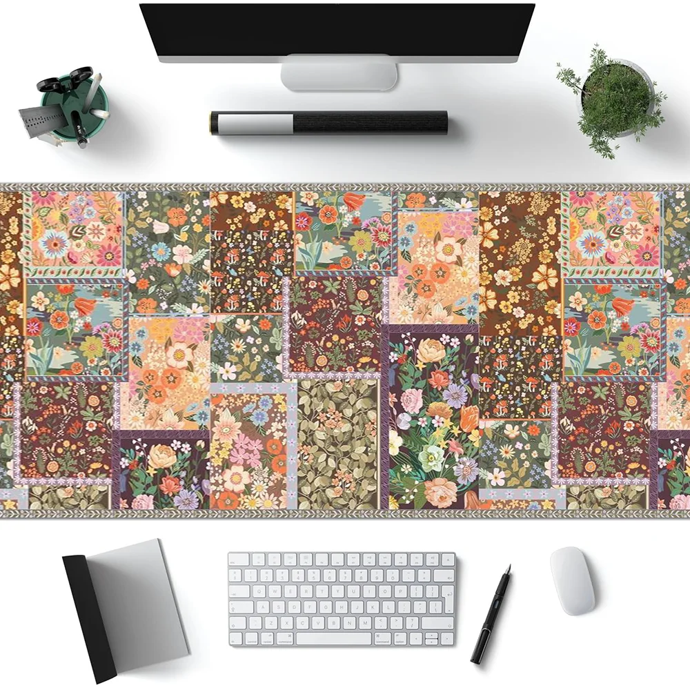 Vintage Flower Mouse Pad Aesthetic Desk Accessories Desk Pad Rubber Base with Stitched Edge Mousepad Non-Slip Deskpad for Office