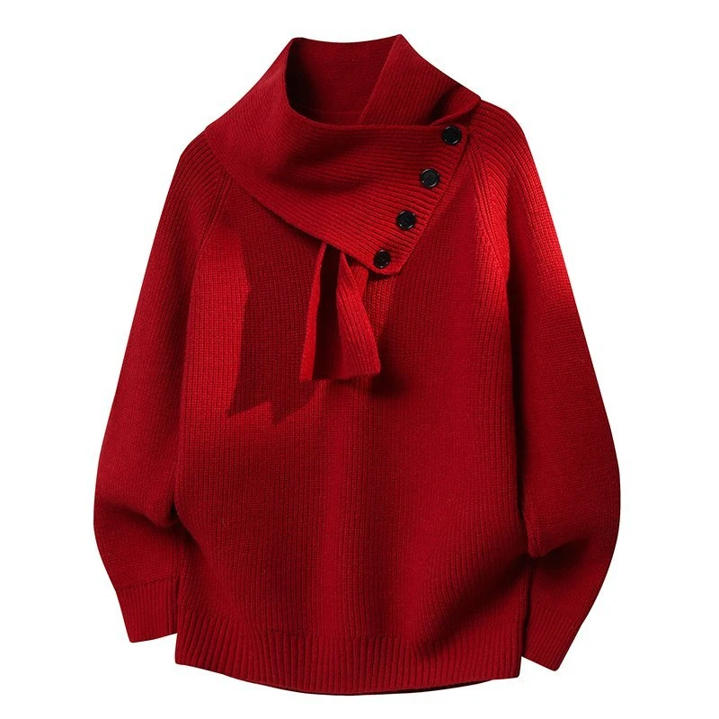 

Зимний мужской свитер, корейский модный декор на пуговицах, V-образный вырез, свободные мужские повседневные свитера с шарфом, универсальные толстые теплые пуловеры Homme 4XL