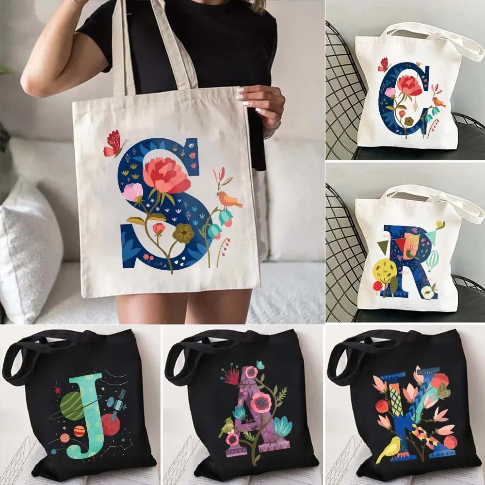 A Z Watercolor Flower Letter Print Harajuku Shopping Canvas Tote Bag Women's Designer Shopper Handbag canvas bag