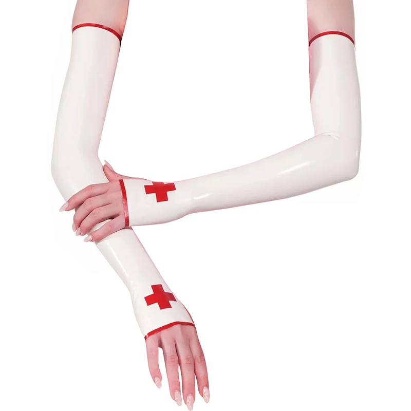 

White And Red Sexy Long Latex Gloves With Cross Trims Fingerless Rubber Gauntlets Mittens Winter For Women ST-0132