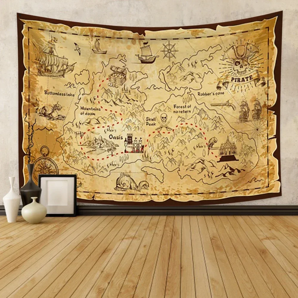 Retro World Map Pirate Tapestry High-Definition Fabric Wall Hanging Polyester Study Room Table Cover Decoration Home Decor