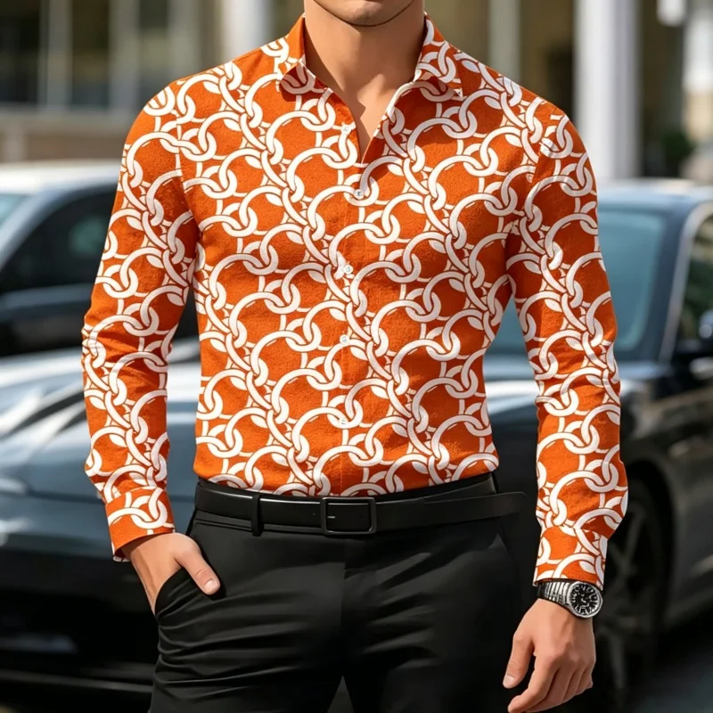Men's Chain Print Long Sleeve Stand Collar Shirt Slim Fit Casual Button Up Blouse Luxury Streetwear Business Party Tops view 6