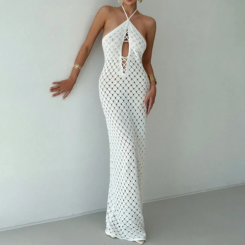 Casual Solid Bikini Cover-up Women Dress  Sexy See-through Backless Vacation Dress Summer Fashion Hollow Out Knitted Beach Dress
