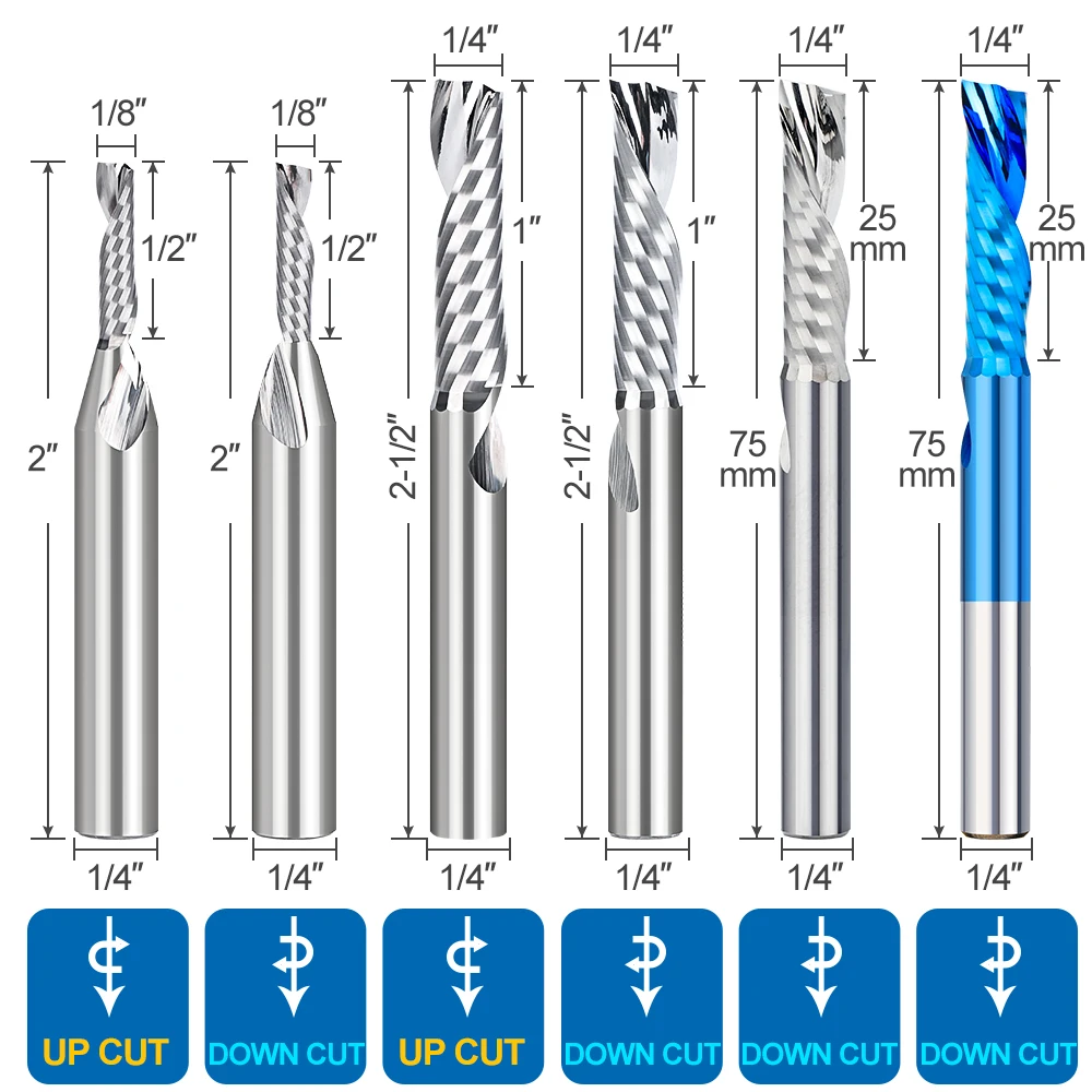 XCAN Milling Cutter Single Flute End Mill 1/4 inch Shank UP/DOWN Cut Carbide Router Bit for Aluminum Copper CNC Milling Tool