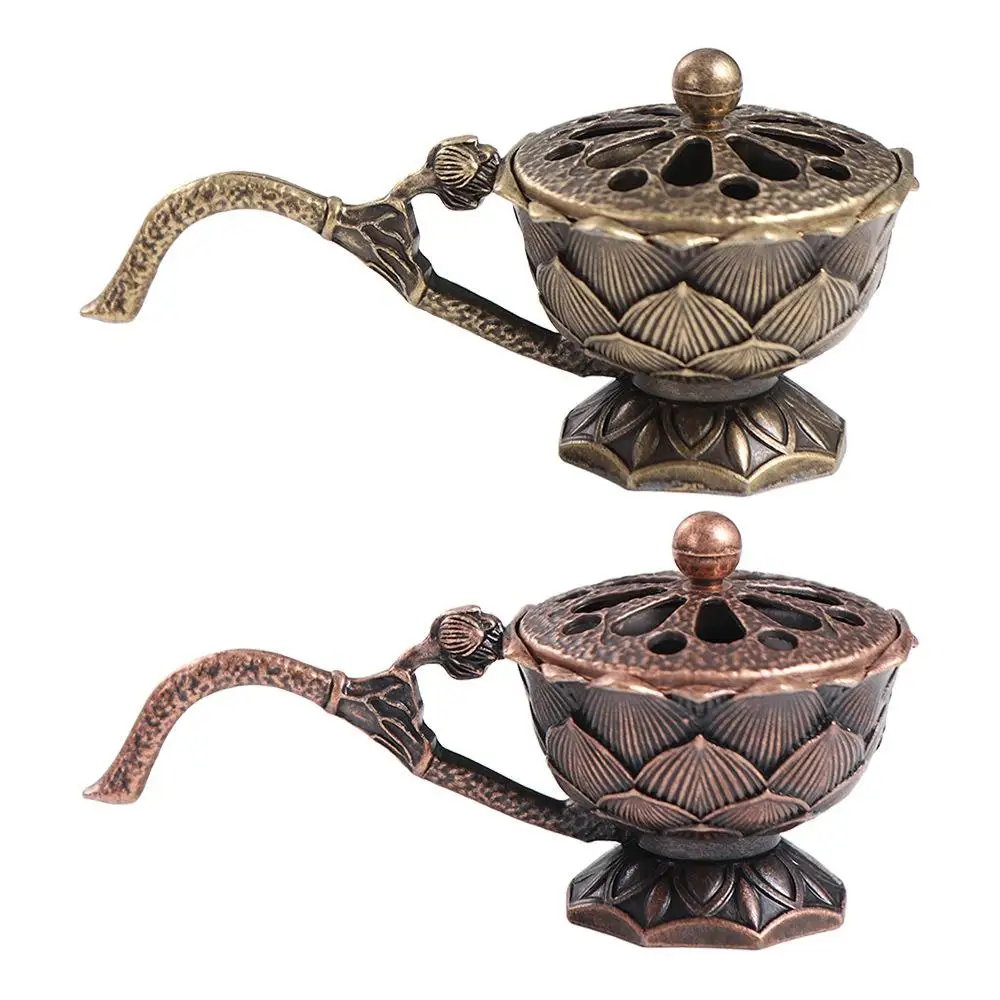 Room Decor Alloy Lotus Hand Stove Small Retro Copper Brass Incense Holder With Cover Hollow Out Metal Censer Yoga Studio