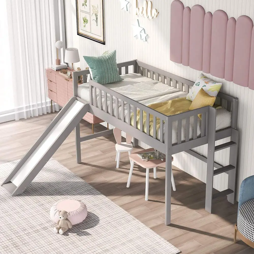 

Twin Size Wooden Bed with Slide for Kids - Suitable for Girls and Boys in Gray