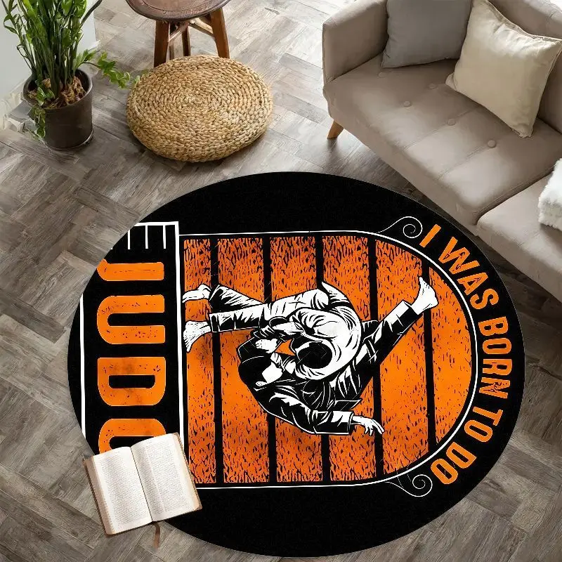 Judo Martial Arts Round Rug Flannel Carpet Combat Sport Themed Area Mat for Boys Room Decor Training Gym Soft Non Floor Covering