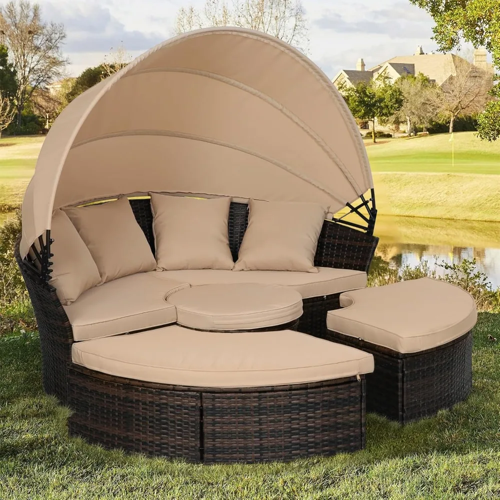 

Outdoor Patio Daybed with Retractable Canopy, Wicker Rattan Sectional Round Sofa Furniture Set, 5 Pieces Seating Separates