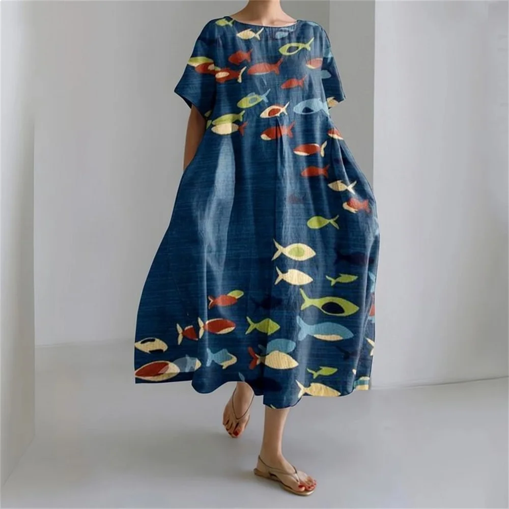 Women's Boho Fish Print Maxi Dress - Plus-Size Loose Fit Summer Dress with Pocket & O-Neck Elegant summer maxi dress