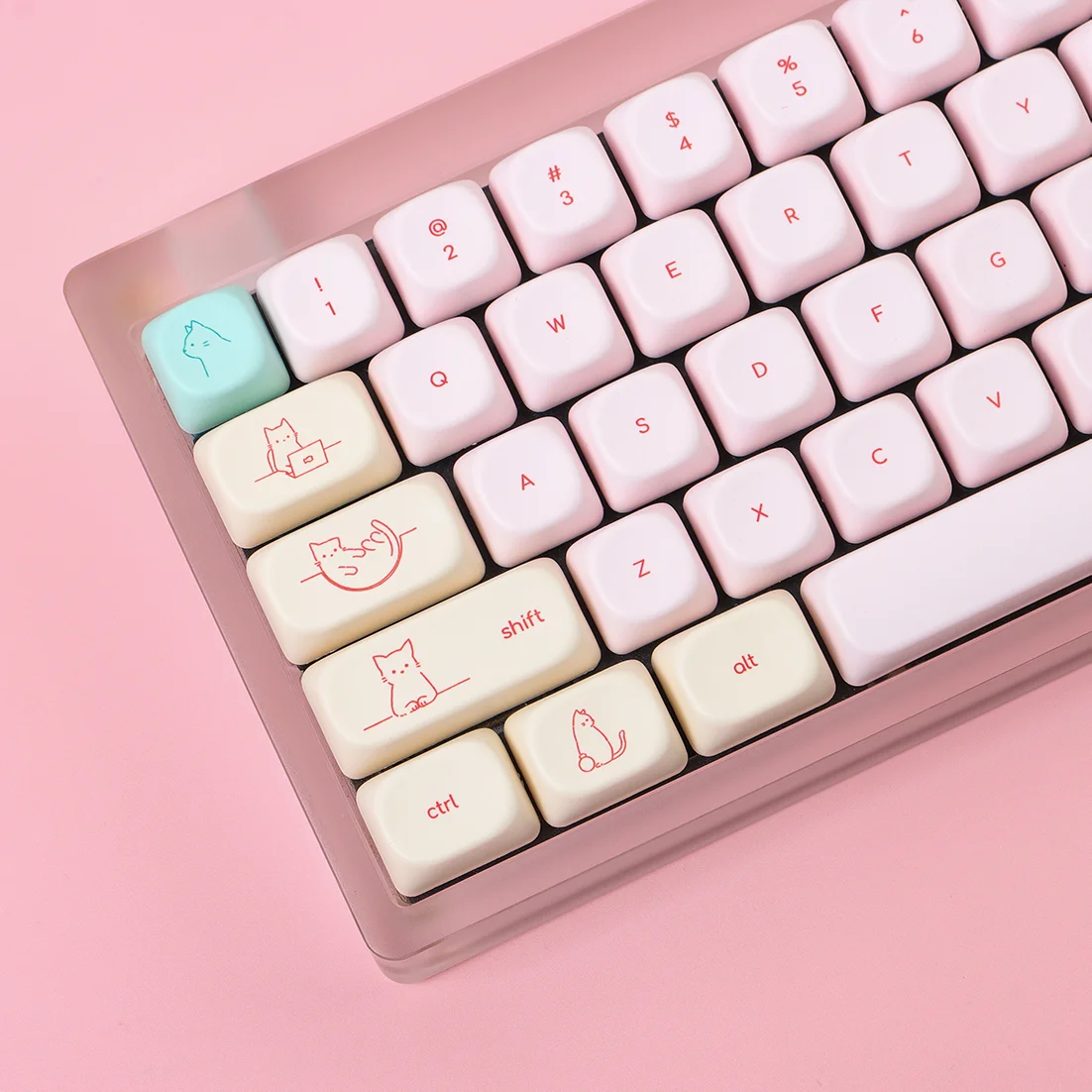 Cute Cat Korean Keycaps 128 keys PBT Sublimation Moa Ball Cap Pink Minimalist Small Font Mechanical Keyboard Keycaps