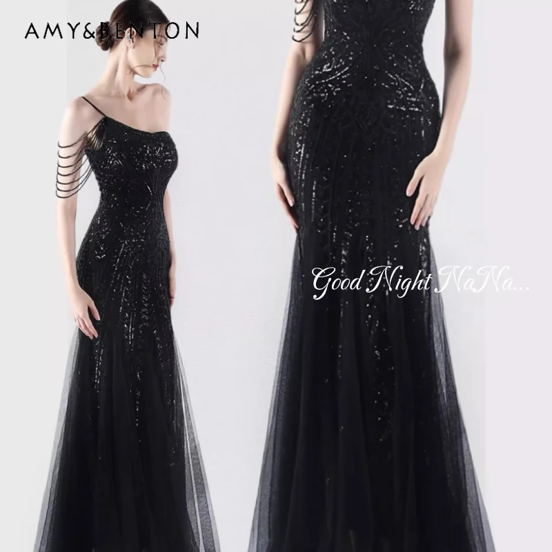 

Original Women's Clothing Black Beaded Chain Sequin Mesh Floor-Length Asymmetrical Shoulder Tassel Shawl Elegant Dress Ladies