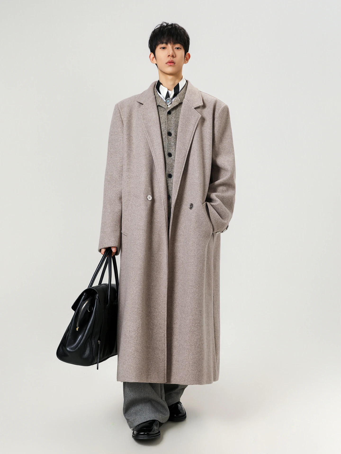 

Thiened Autumn Winter Men's Overcoat Youth Trendy Long Sve Coat Couple Match High Waist Length Woolen Material Casual Wear