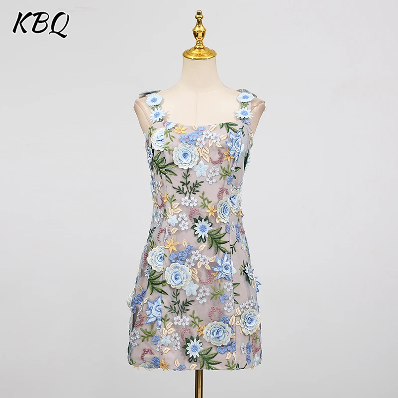 

KBQ Hit Color Spliced Embroidery Patchwork Appliques Dresses for Women Square Collar Sleeveless Slimming Elegant Dress Female
