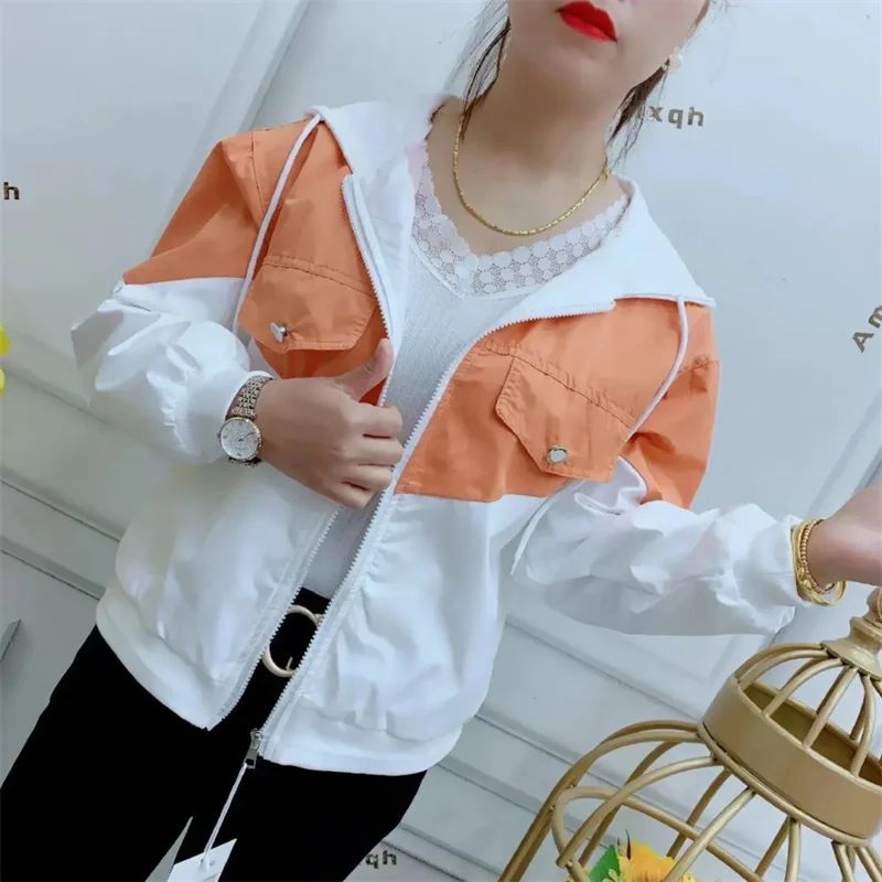 Fashion Korean Version Of Sports And Leisure Hooded Women Jacket Spring And Autumn New Contrast Stitching Short Coat