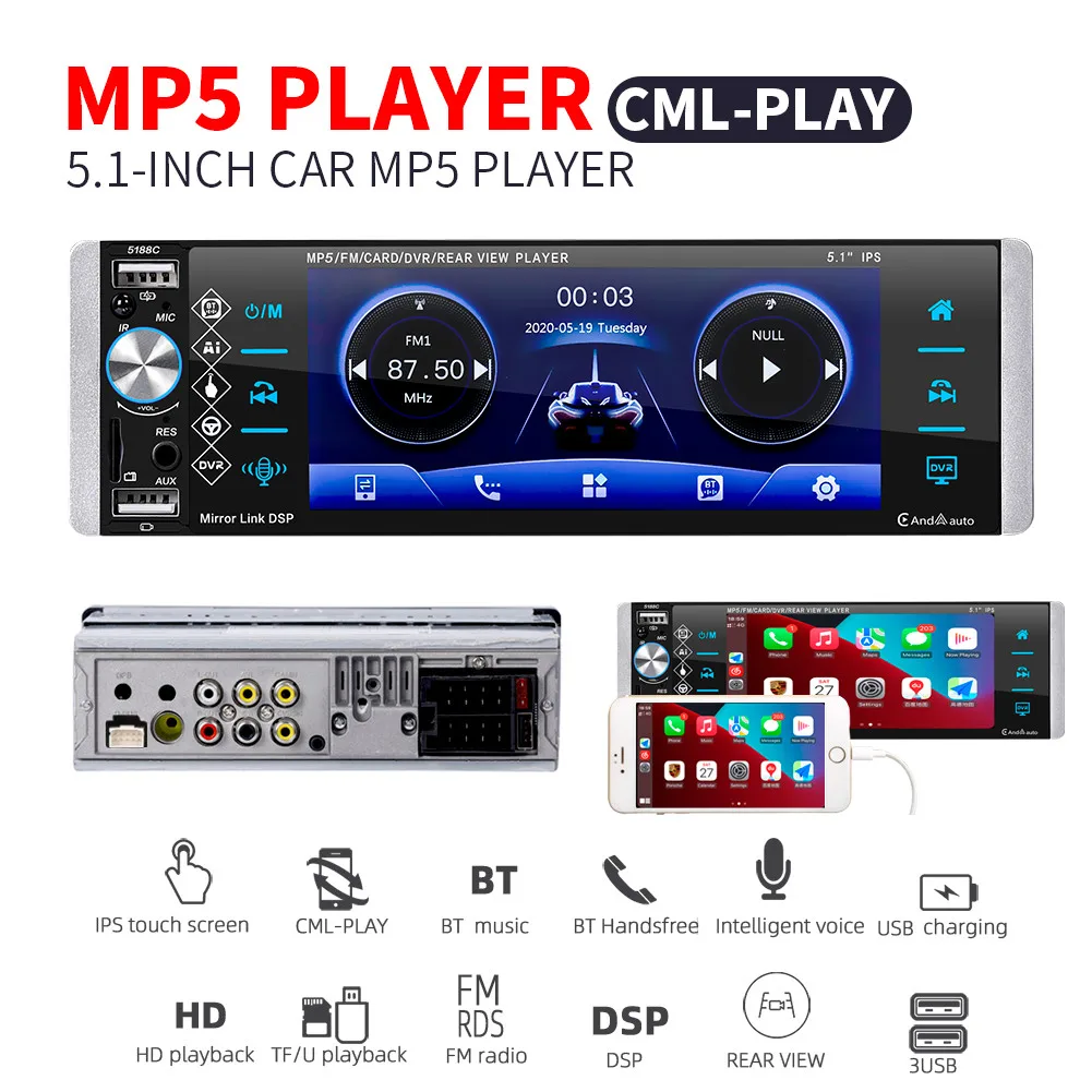 

NEW 1 Din Car Stereo Radio Autoradio RDS AM Carplay Bluetooth 5.1 Inch Touch Screen MP5 Player Support Mirror link Camera