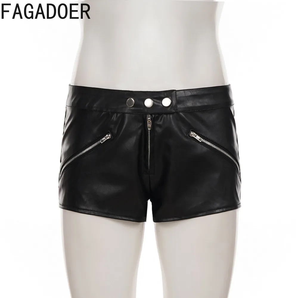 FAGADOER Punk Gothic Sexy leather Bodycon shorts for woman black zipper patchwork low-waisted shorts Female Streetwear bottoms