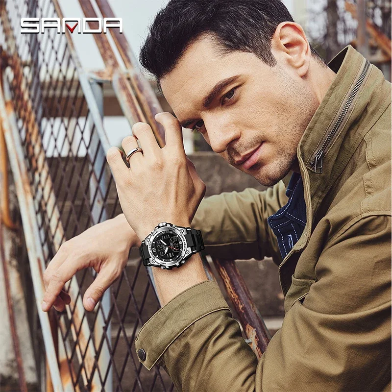 SANDA ساعة عسكرية تكتيكية للرجال على شكل حرف G ساعة للرجل رياضية فاخرة مقاومة للماء 50 متر كوارتز ساعة اليد LED ساعات رجالي رقمية