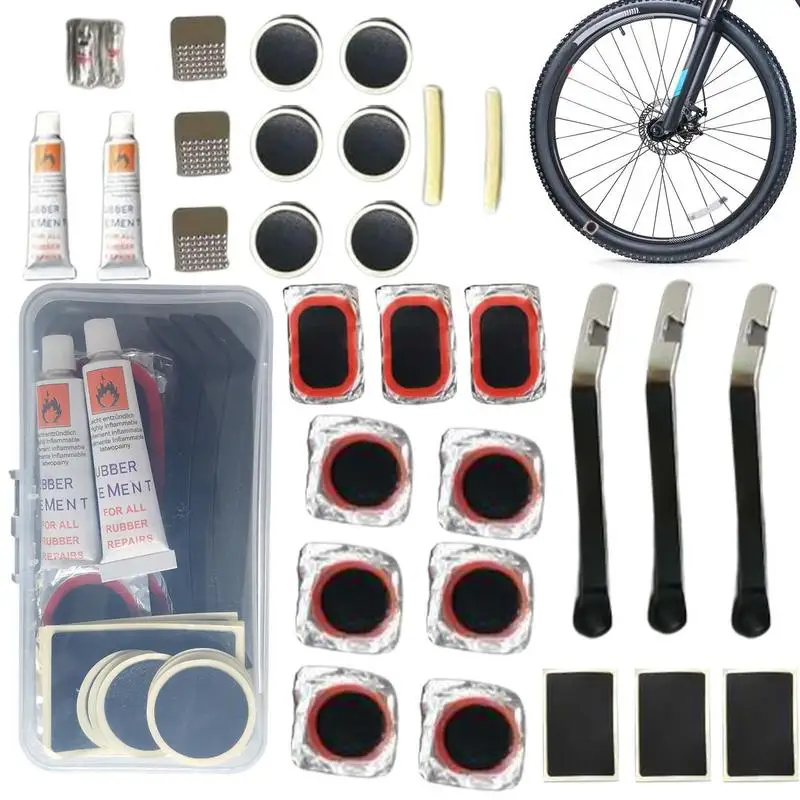 Kit de reparación de neumáticos de bicicleta portátil, Kit de reparación de tubo interior de bicicleta, Kit de solución de parche frío de punción con parches adhesivos y palancas de neumáticos