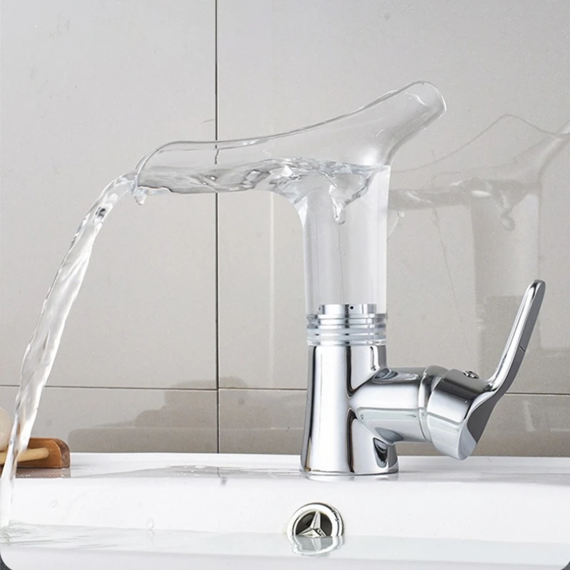 Waterfall Faucet, Copper Body, Transparent Design, Tabletop Basin Faucet, Mixing Hot and Cold Water, Kitchen and Bathroom Faucet