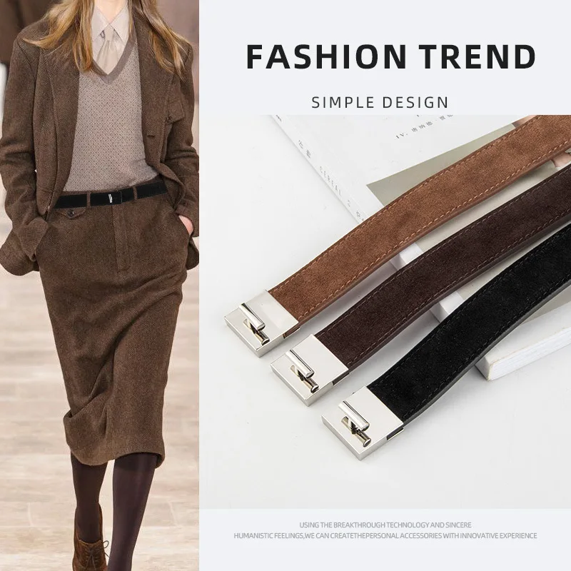 

Western Suede Leather Adjustable Women Waistband Belt Fashion Turn Lock Dress Coat Belt for Ladies